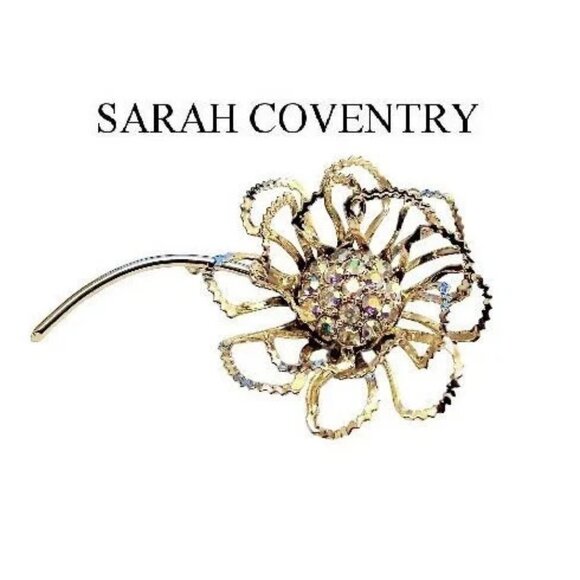 Sarah Coventry Crystal Crimped Flower Leaf Pin Brooch Gold Tone - Picture 6 of 6
